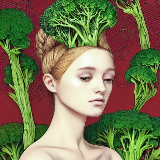 Image similar to the portrait of an unbelievably beautiful, elegant, and sophicated young woman partially made of broccoli pensively gazing into the distance, an ultrafine detailed illustration by james jean, intricate linework, bright colors, final fantasy, behance contest winner, vanitas, angular, altermodern, unreal engine 5 highly rendered, global illumination, radiant light, detailed and intricate environment