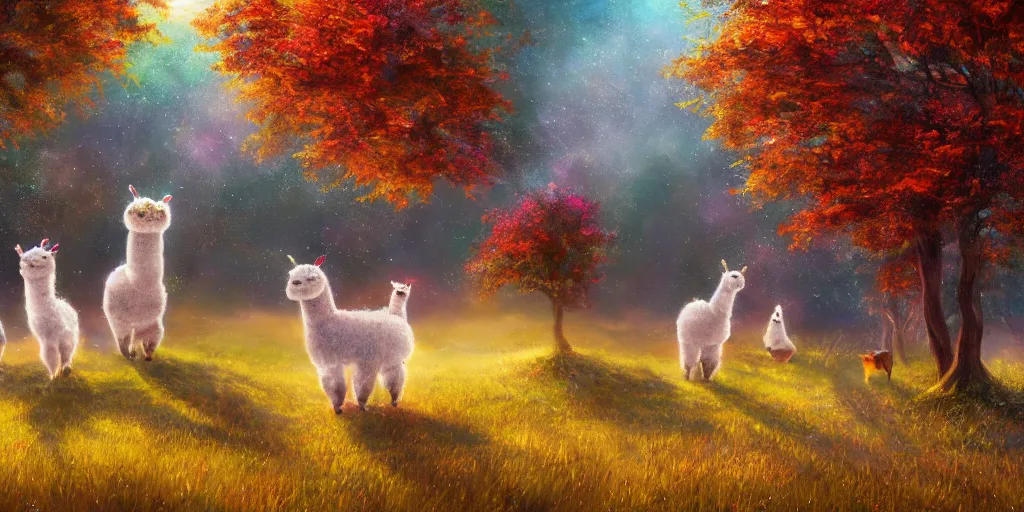 Prompt: magical fairy alpacas frolicking in a field, autumn, sparkles, light beams, digital art, oil painting, fantasy, 8 k, trending on artstation