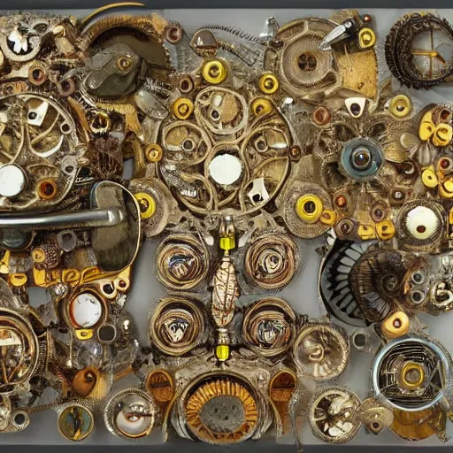 Image similar to complex intricate moving mechanism made of insects and bugs and beetles, diy symmetric electromechanical machine, hyperdetailed maximalism