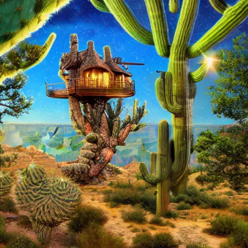 Image similar to fancy treehouse mansion built in a giant cactus on top of plateau overlooking grand canyon detailed luminescent magical realism 4 k painting