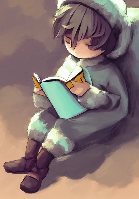 Prompt: beautiful little boy wearing sheep suit reading a book while sitting on chair, gray, blue, green and brown pallet color. made in abyss art style, inspired in kris from deltarrune, cute detailed artwork, anatomically correct, soft details, ilya kuvshinov, reflection, perfect composition, mobile wallpaper, low illumination