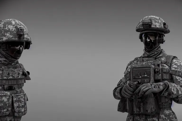 Prompt: still photo of a futuristic soldier looking at the camera in a battlefield, black and white color aesthetic, highly detailed, photorealistic portrait, bright studio setting, studio lighting, crisp quality and light reflections, unreal engine 5 quality render