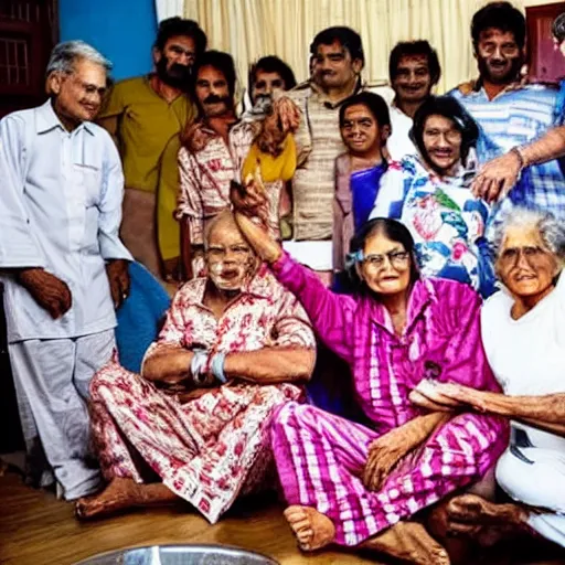 Image similar to south indian grandmothers and grandfathers having a pyjama party in space