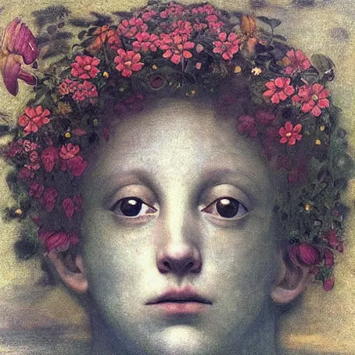 Image similar to beautiful woman's head surrounded by flowers and floating in the sky, by Odd Nerdrum, by Francisco Goya, by M.C. Escher, beautiful, eerie, surreal, colorful