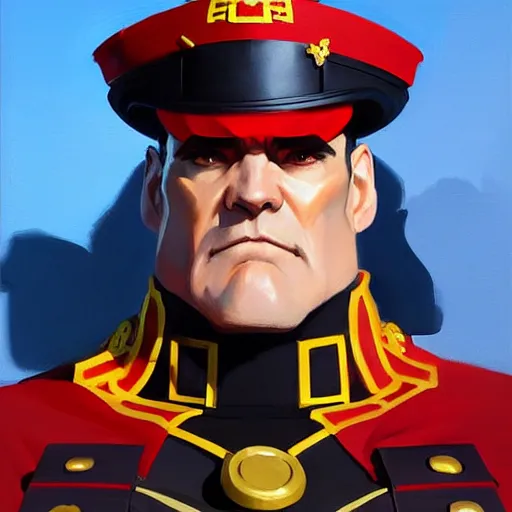 Image similar to Greg Manchess portrait painting of M. Bison as Overwatch character, medium shot, asymmetrical, profile picture, Organic Painting, sunny day, Matte Painting, bold shapes, hard edges, street art, trending on artstation, by Huang Guangjian and Gil Elvgren and Sachin Teng