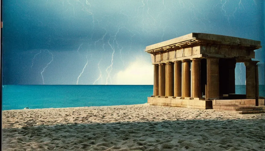 Image similar to A 1985 vintage magazine architecture photo of a beach doric temple, mediterranean architecture, refracted lines and sparkles, thunderstorm outside, beach on the background major arcana sky and occult symbols, hyperrealistic, award-winning, 1985