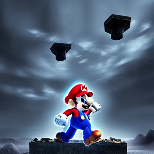 Prompt: Mario is ascending, photorealistic, desolate, terrifying, weird, strange, odd, uncanny, hyper realism, highly detailed, photorealism, smooth gradients, high contrast, photorealistic