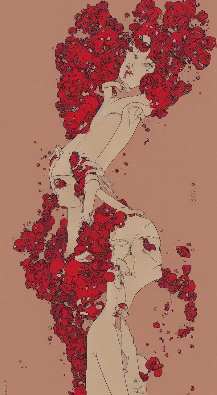 Image similar to woman character wearing a red bodysuit, acid hallucinations floating around their head, by moebius, alexander mcqueen headdress with beads, by kawase hasu