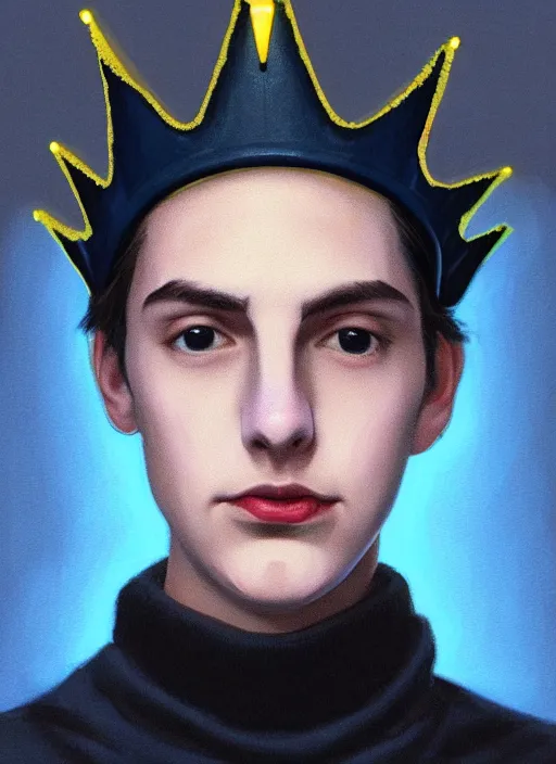 Image similar to portrait of teenage jughead jones wearing a light grey crown, crown, blue turtleneck, 1 9 5 0 s, closed eyes, photorealistic, black hair, glowing lighting, intricate, elegant, glowing lights, highly detailed, digital painting, artstation, concept art, smooth, sharp focus, illustration, art by wlop, mars ravelo and greg rutkowski