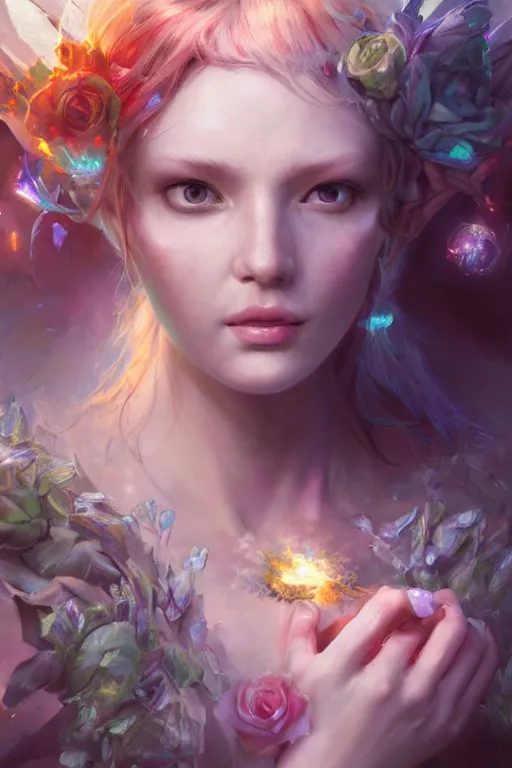 Prompt: face closeup of extremely beautiful girl necromancer, magical fairy exploding into flowers and ice, angels, 3 d render, hyper - realistic detailed portrait, holding fire and electricity rainbow, ruan jia, wlop. scifi, fantasy, magic the gathering, hyper detailed, octane render, concept art, peter mohrbacher