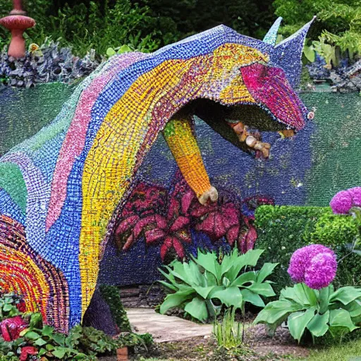 Image similar to garden containing very colorful textured variegated mosaic sculpture of a chimera, in the style of folk art