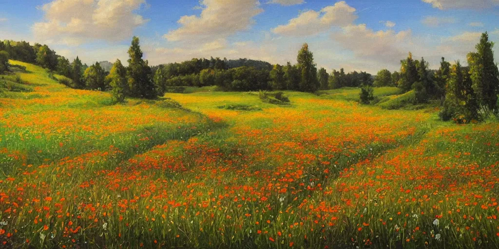 Prompt: a bright oil painting of a beautiful meadow; masterpiece; extremely-detailed; by Carravaggio