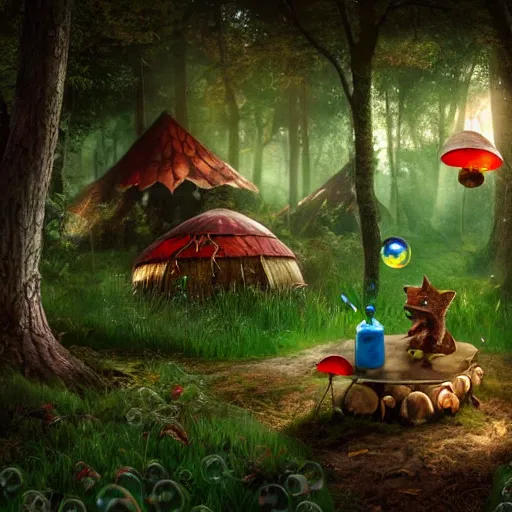 Prompt: A hyper real comic book style portait painting of an enchanted forest with toadstools and a forest hut. Soap bubbles in the air. A fox is in the foreground, unreal 5, hyperrealistic, octane render, cosplay, RPG portrait, dynamic lighting
