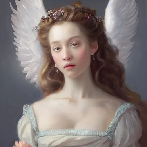 Prompt: A masterpiece portrait of a royal princess baroque rococo girl with tall white amazing with angel wings. trending on artstation, digital art, by Stanley Artgerm Lau, WLOP, Rossdraws, James Jean, Andrei Riabovitchev, Marc Simonetti, Yoshitaka Amano