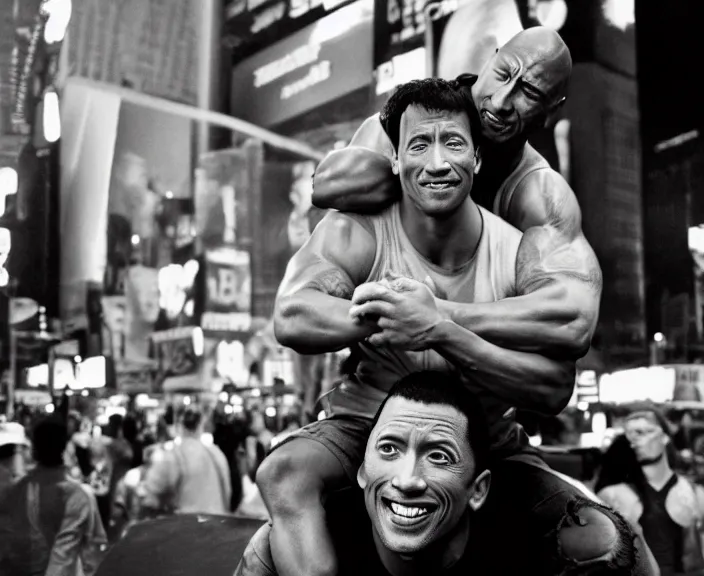 Image similar to Dwayne the Rock Johnson riding on the back of Adam Sandler, doing Methamphetamine at Times Square, photograph by Alfred Eisenstaedt, 4K, dramatic lighting; 4K 8K