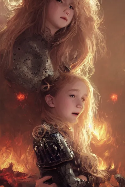Image similar to a blonde vampire girl, child, freckles, smiling, fangs, messy curly hair, dark leather armor, onyx sword, flames in the background, embers intricate and very beautiful and elegant, highly detailed, digital painting, artstation, concept art, smooth and sharp focus, cg by tian zi and wlop and alphonse mucha
