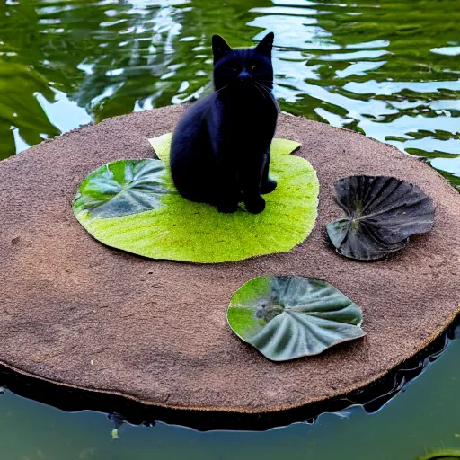 Prompt: a tiny chubby black cat, fluffy, sitting on top of a lilypad in a pond
