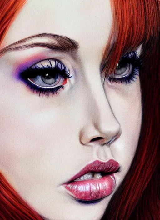 Prompt: sultry look in her eyes Karen Gillan close-up portrait, complex artistic color pencil sketch illustration, full detail, gentle shadowing, fully immersive reflections and particle effects.