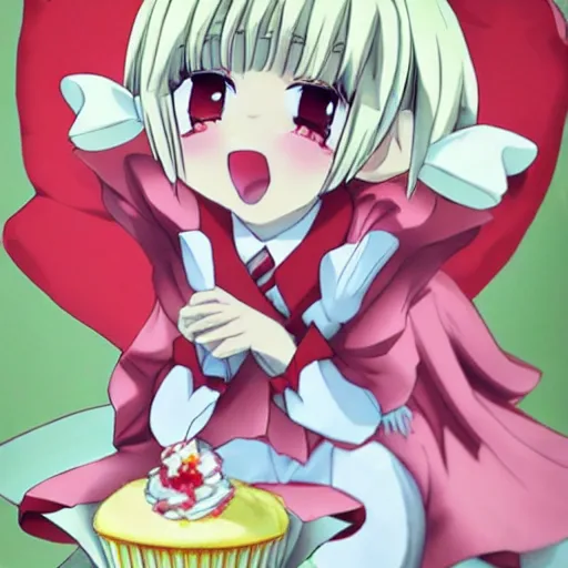 Image similar to flandre eating cupcakes. anime style.