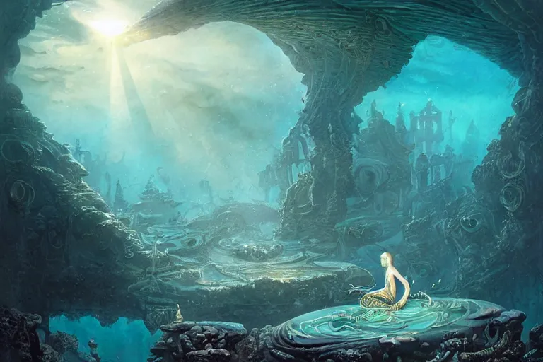 Image similar to a beautiful mermaid looking at the sunken city of Atlantis under water, rays of sunlight, stunning undersea grand architecture in the style of Joe Fenton, art style by Greg Rutkowski and Mohrbacher, deep underwater scene, dark and moody, faint volumetric god rays, grim crushing atmosphere