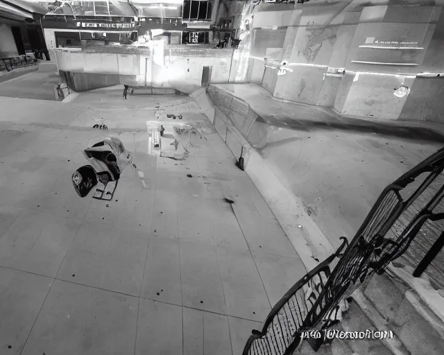 Image similar to camera footage of a Darpa Robots trying to stop skateboarders in an abandoned shopping mall, high exposure, dark, monochrome, camera, grainy, CCTV, security camera footage, timestamp, zoomed in, fish-eye lense, Robot, Skateboarding, Drone, Intense, Darpa,