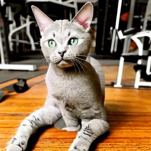 Prompt: bodybuilding cat with skinny legs