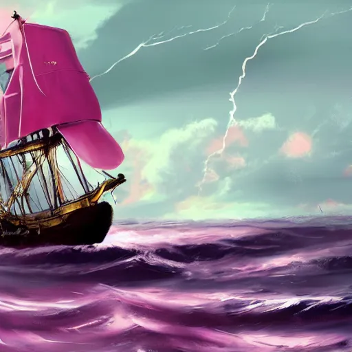 Image similar to pink-painted galleon ship sailing through a storm, rough seas, lightning, video game concept art, trending on artstation