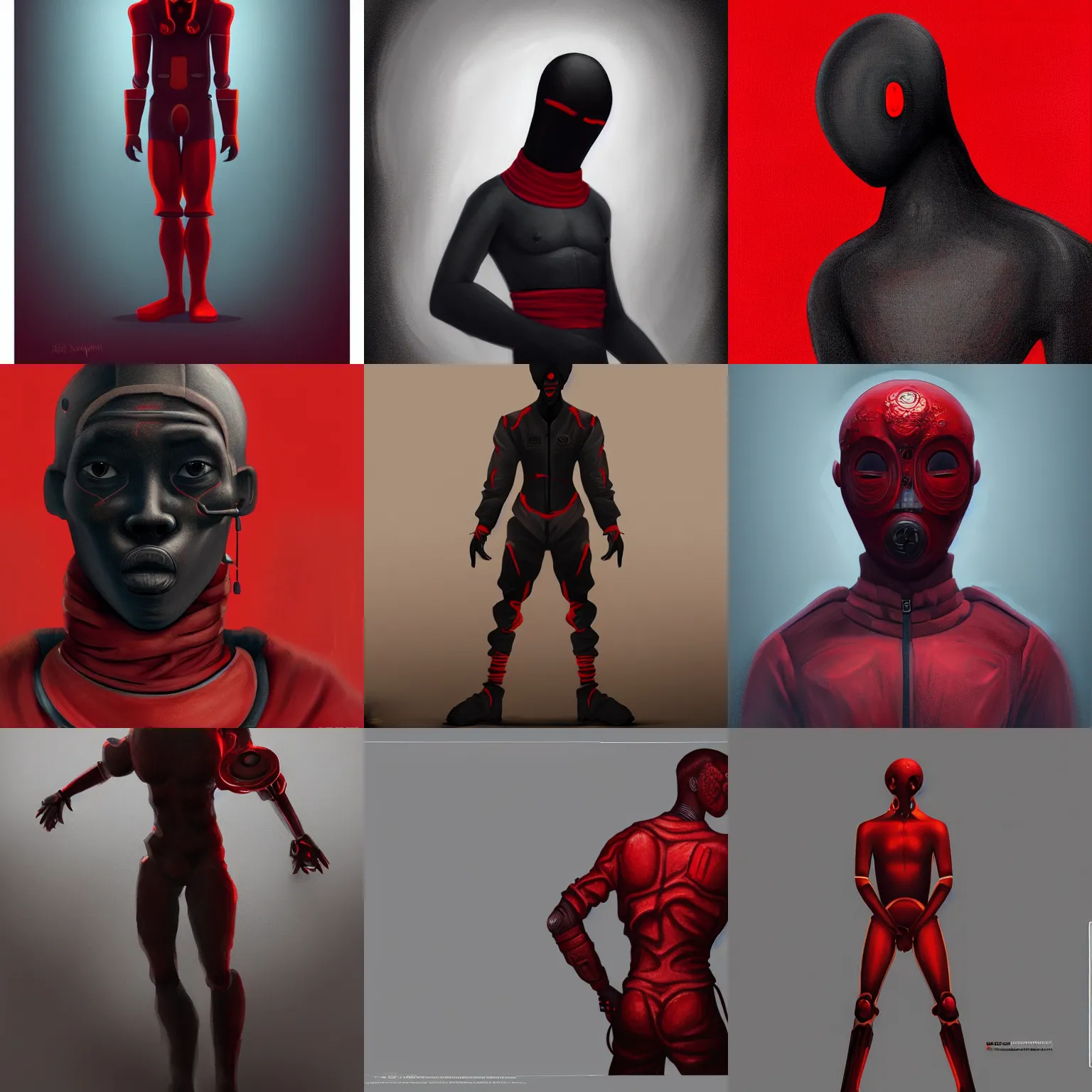 Prompt: a male humanoid figure with no face, pure black skin, wearing plain red coveralls, intricate, highly detailed, digital painting, artstation, concept art, smooth, sharp focus, illustration, 8 k