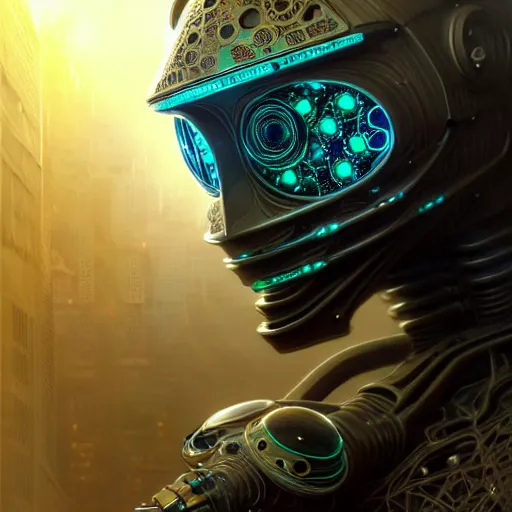 Image similar to low angle shot of a cyberpunk radiolarian gazmask robot character, intricate, elegant, highly detailed, centered, digital painting, artstation, concept art, smooth, sharp focus, illustration, artgerm, Tomasz Alen Kopera, Peter Mohrbacher, donato giancola, Joseph Christian Leyendecker, WLOP, Boris Vallejo