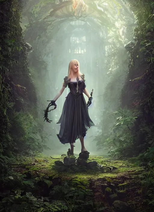 Image similar to Beautiful art portrait of Melissa Rauch as a fantasy gothic priestess in a bright temple surrounded by lush forest, atmospheric lighting, intricate detail, cgsociety, hyperrealistic, octane render, RPG portrait, ambient light, dynamic lighting