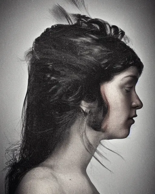 Prompt: a woman's face in profile, long hair made of bird feathers, in the style of the dutch masters and gregory crewdson, dark and moody