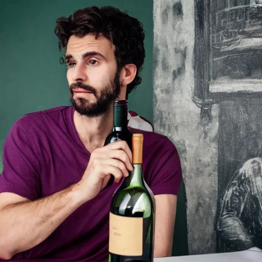 Prompt: photograph of a frenchman seated at a table with a bottle of wine in 2 0 2 0. colorful, award winning photography, 5 0 mm, extremely detailed face