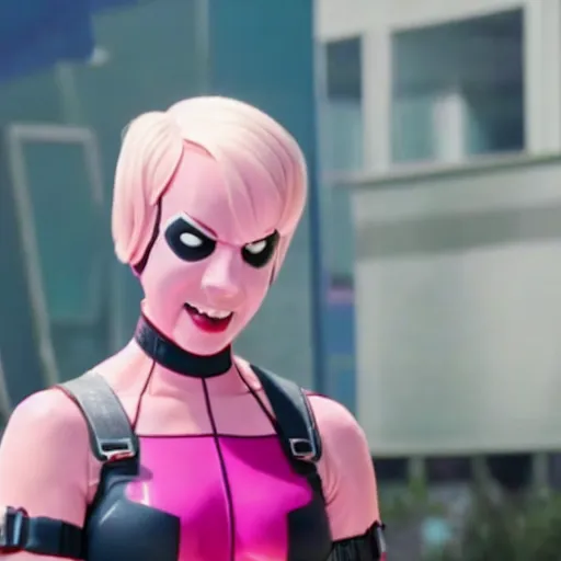 Image similar to A still of Gwenpool in Deadpool 3 (2023), blonde hair with pink highlights, no mask, white and light-pink outfit, smiling and winking at the camera