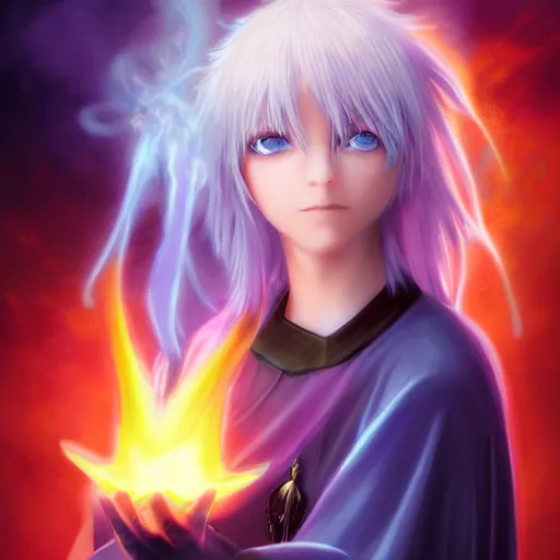 Image similar to rimuru tempest from tensura holding purple fire in his palm, with amber eyes of golden colored eyes, straight hair, sky blue hair, long bangs, gothic attire, regal attire, concept art, award winning photography, digital painting, cinematic, wlop, 8 k, by ross tran, tom bagshaw, andy warhol