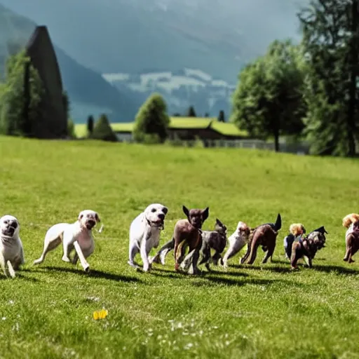 Prompt: twenty dogs running in a field in switzerland