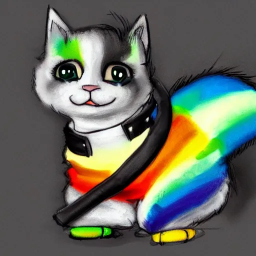 Image similar to wide angle full body, of a fluffy cute rainbow kitten wearing a black motorcycle jacket, concept art