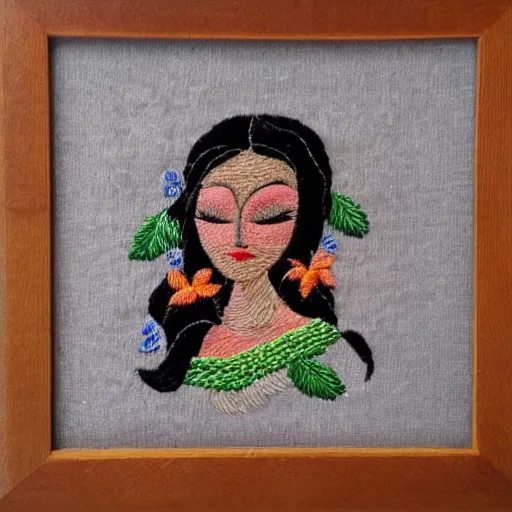 Image similar to a beautiful handmade embroidery of a woman. hand embroidery.