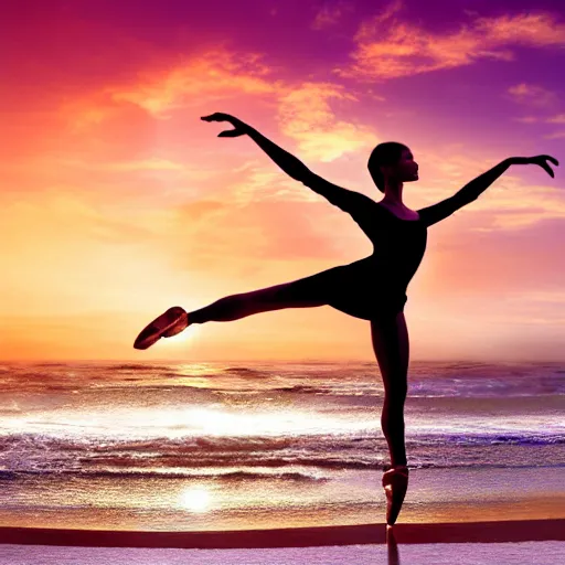 Image similar to a beautiful ballet dancer on a beach at sunrise, volumetric lighting, breathtaking, beautiful composition, intricate, elegant, digital art, detailed, oil painting, hyperrealistic, sharp focus, 8k