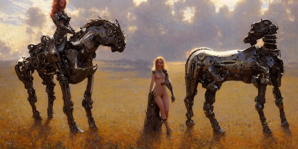 Prompt: full body girl medieval armor ccyborg and one metal horse landscape of meadow poses by gaston bussiere, anna nikonova aka newmilky, greg rutkowski, yoji shinkawa, yoshitaka amano, moebius, donato giancola, geoffroy thoorens, trending on artstation, featured on pixiv, cinematic composition, 8 k