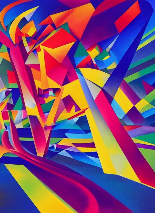 Prompt: A surreal neon painting of Zaha hadid 3d kandinsky city made of cubism futuristic picasso rooms in 3 point perspective by Vladimir kush and dali and kandinsky, 3d, realistic shading, complimentary colors, vivid neon colors, aesthetically pleasing composition, masterpiece, 4k, 8k, ultra realistic, super realistic