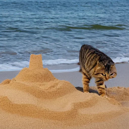 Image similar to a tabby cat building a sandcastle on the beach