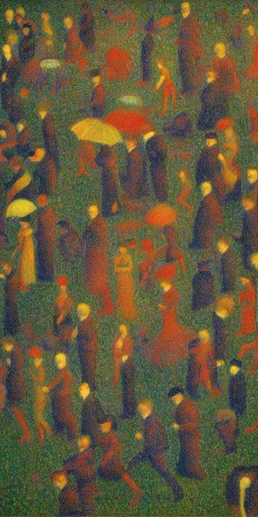 Image similar to a film still of enter the void by gaspar noe movie, painted by georges seurat, impressionism, pointillism, detailed!, witches, mansion,