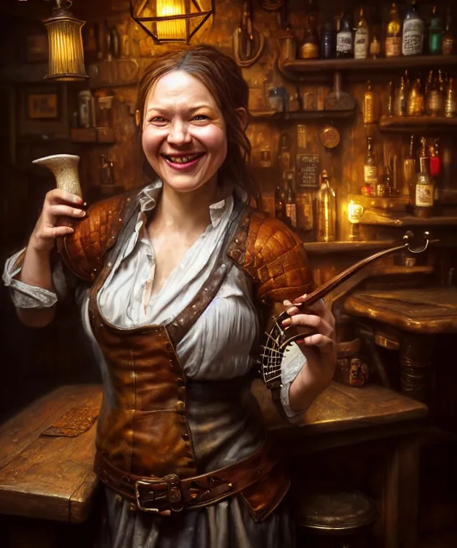 Image similar to hyperrealistic mixed media painting of a grinning female bard, dimly lit cozy tavern, leather tunic, confident relaxed pose, d&d, stunning 3d render inspired art by Tim Okamura and Lise Deharme + perfect facial symmetry + dim volumetric lighting, 8k octane beautifully detailed render, post-processing, extremely hyperdetailed, intricate, epic composition, grim yet sparkling atmosphere, cinematic lighting + masterpiece, trending on artstation, very very detailed, masterpiece, stunning