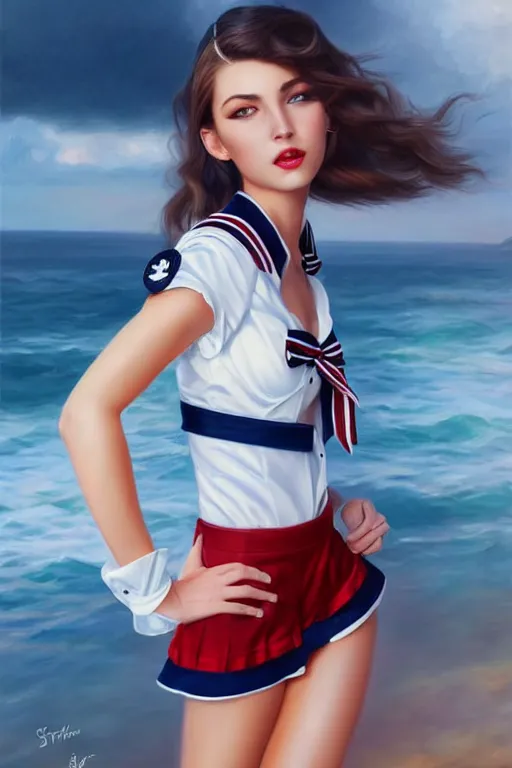 Image similar to full body photo of a gorgeous young woman wearing a sailor style outfit in the style of stefan kostic, realistic, sharp focus, 8k high definition, insanely detailed, intricate, elegant, art by stanley lau and artgerm