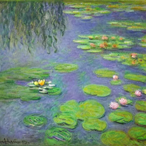 Prompt: Water Lilies, Claude Monet, masterpiece, 4k art gallery scan, oil on canvas (deframed),Blue and dark green and purple