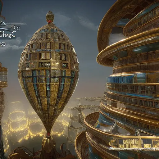 Prompt: enormous flying city in a faberge egg, sky!, steampunk, masterpiece, unreal engine