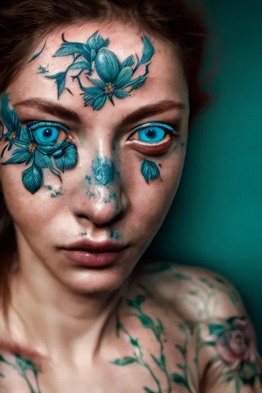 Prompt: hyperrealistic hyper detailed close-up portrait of woman covered in rococo flower tattoos matte painting concept art key sage very dramatic dark teal lighting low angle hd 8k sharp 35mm shallow depth of field