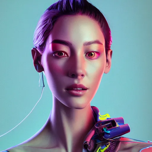 Prompt: portrait of a beautiful woman, high - tech, by kim jung gi, irakli nadar, intricate linework, bright colors, octane render,