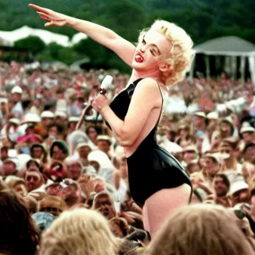 Image similar to award winning historical photo of marilyn monroe entertaining at woodstock 6 9