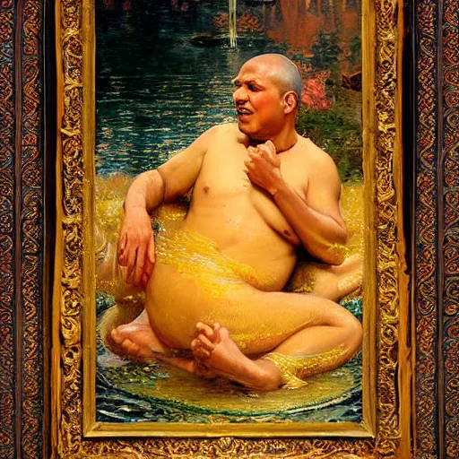 Image similar to highley detailed old srilankan buddhist monk drowning in liquid gold in baroque style, painting by gaston bussiere, craig mullins, j. c. leyendecker, lights, art by ernst haeckel, john william godward, hammershøi,